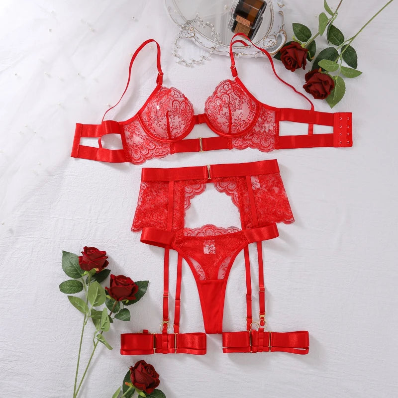 Luxury Black Flower Embroidery Lingerie 4 Pcs Sets Fancy Mesh Transparent Metal Buckle Bra and Thong Garter Erotic Set