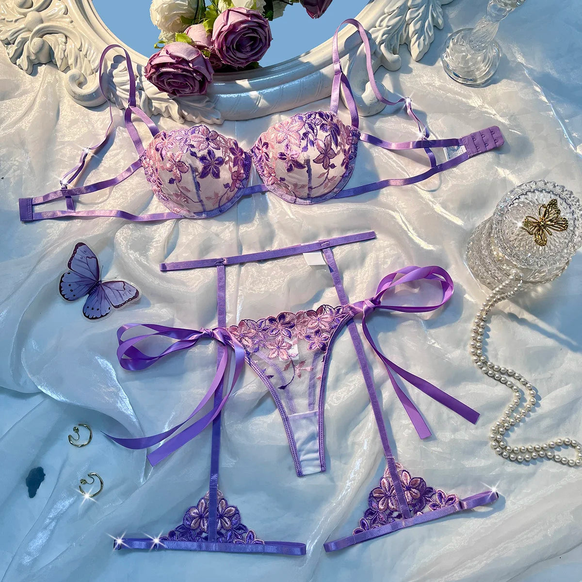 3 Piece Set Strap Steel Support Sexy Tie Underwear Lace Embroidered Flower Intimate Apparel Tight Bustier and Thong Ensemble
