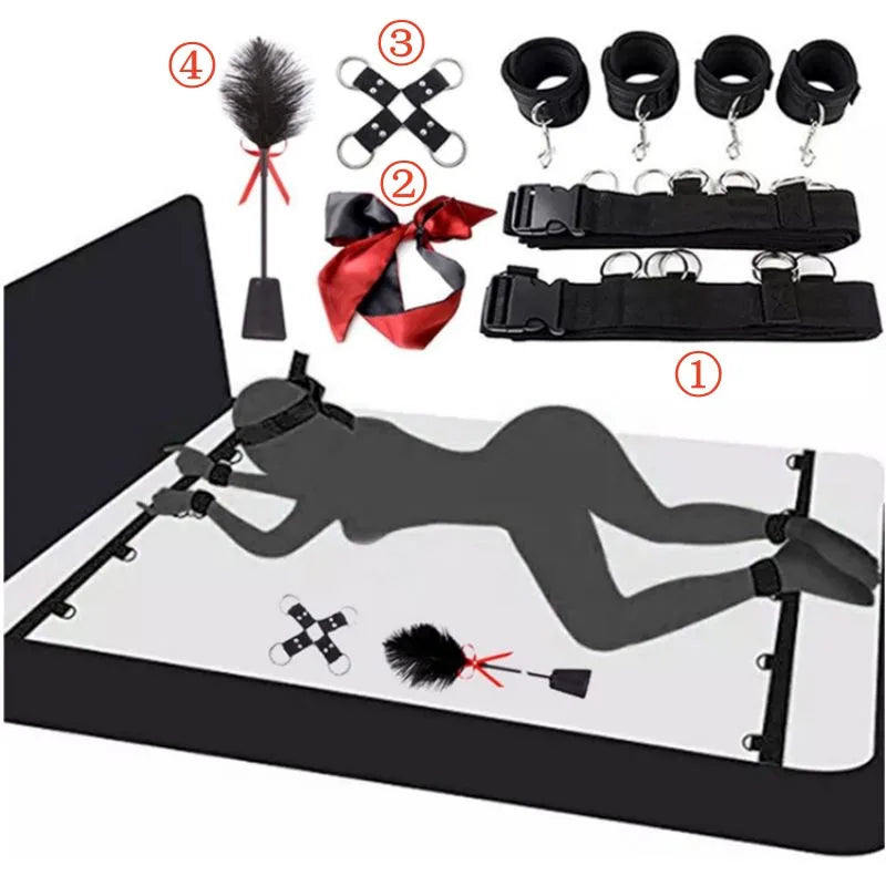1 Set 4 Piece Sex Bed Bondage Restraint Kit Adult Sex Toys for Couple SM Sex Game with 2X2 Wrists Ankle Cuffs Bondage Set