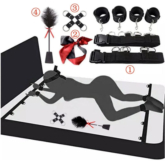 1 Set 4 Piece Sex Bed Bondage Restraint Kit Adult Sex Toys for Couple SM Sex Game with 2X2 Wrists Ankle Cuffs Bondage Set