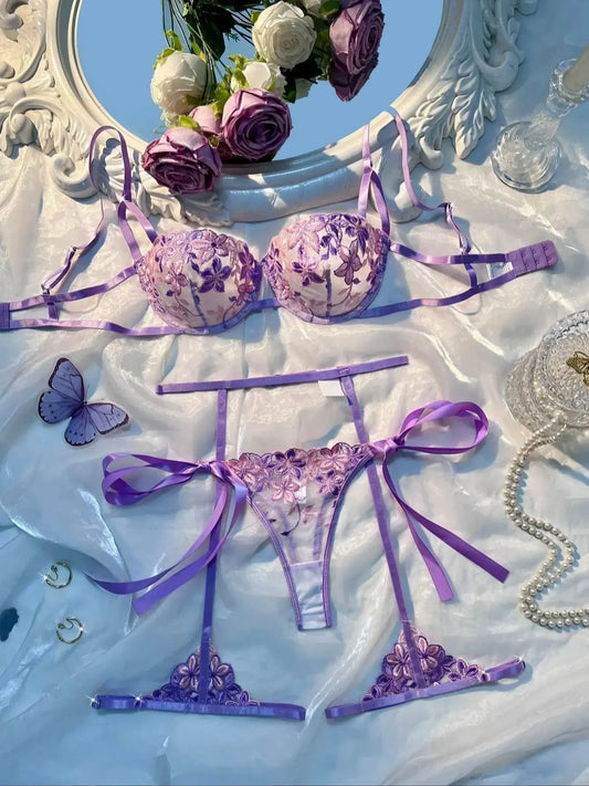 3 Piece Set Strap Steel Support Sexy Tie Underwear Lace Embroidered Flower Intimate Apparel Tight Bustier and Thong Ensemble