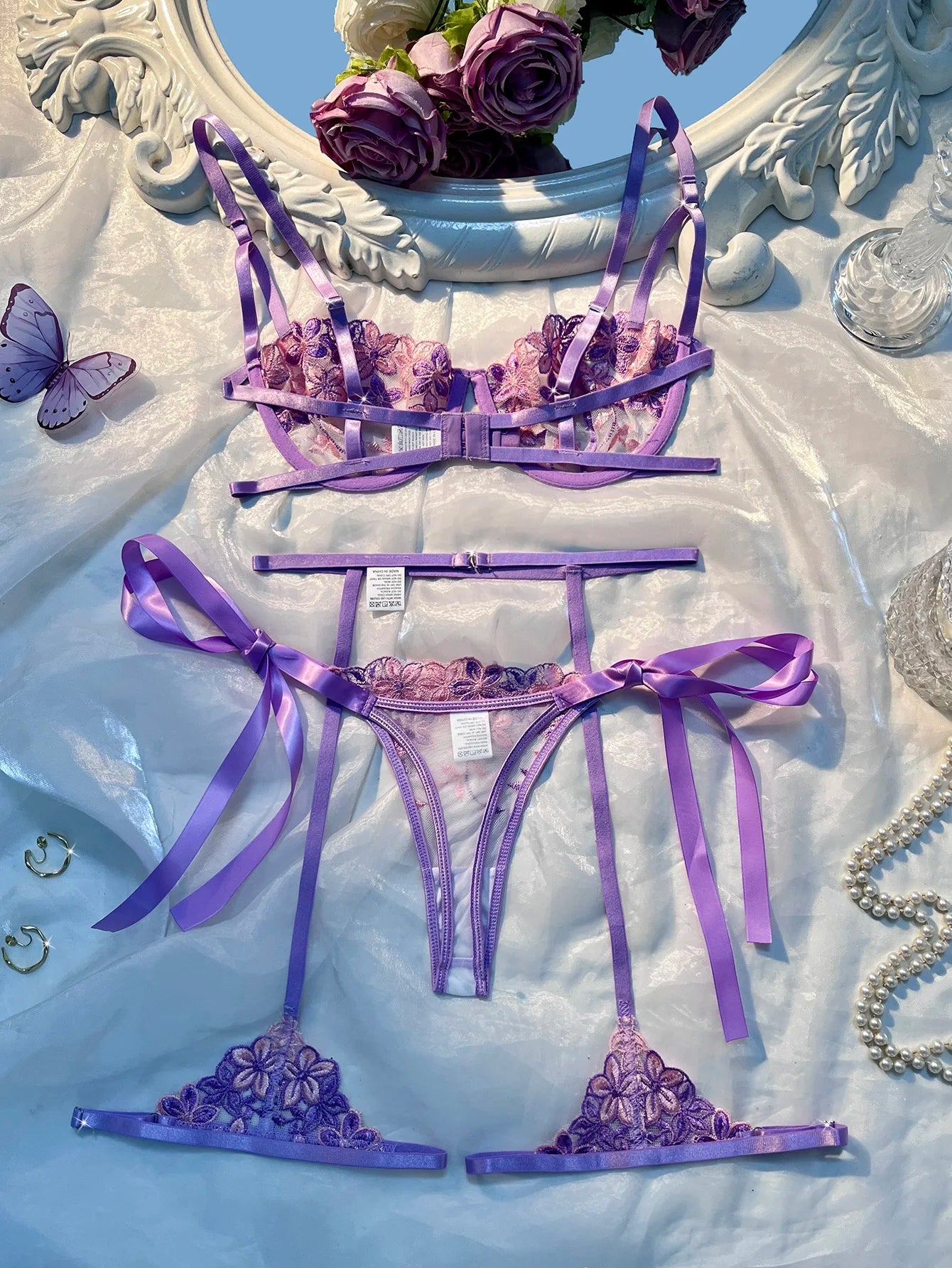 3 Piece Set Strap Steel Support Sexy Tie Underwear Lace Embroidered Flower Intimate Apparel Tight Bustier and Thong Ensemble